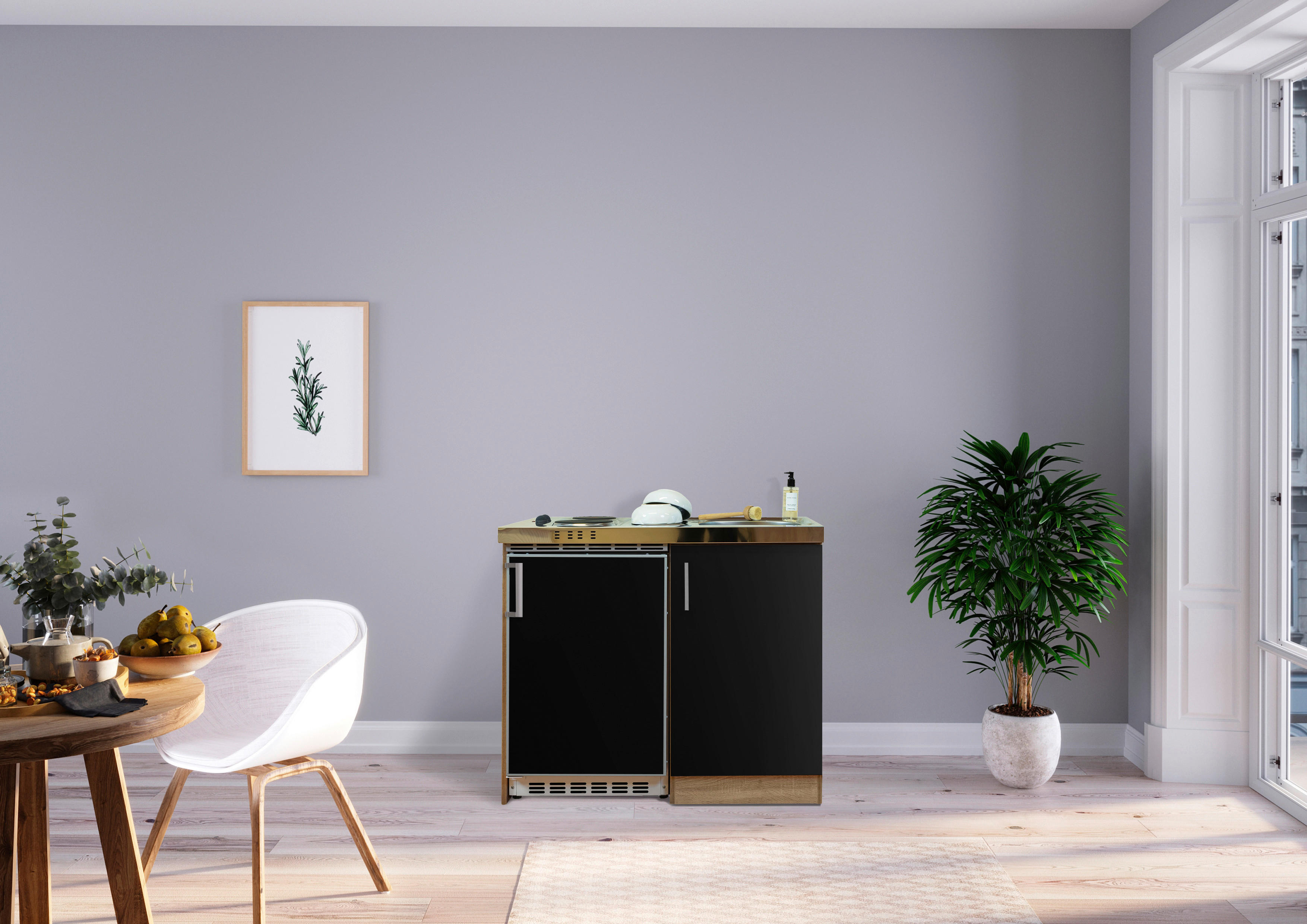 Respekta Miniküche 100 schwarz matt B/H/T: ca. 100x87x60 cm 100 - Eiche/schwarz (100,00/87,00/60,00cm) - Respekta