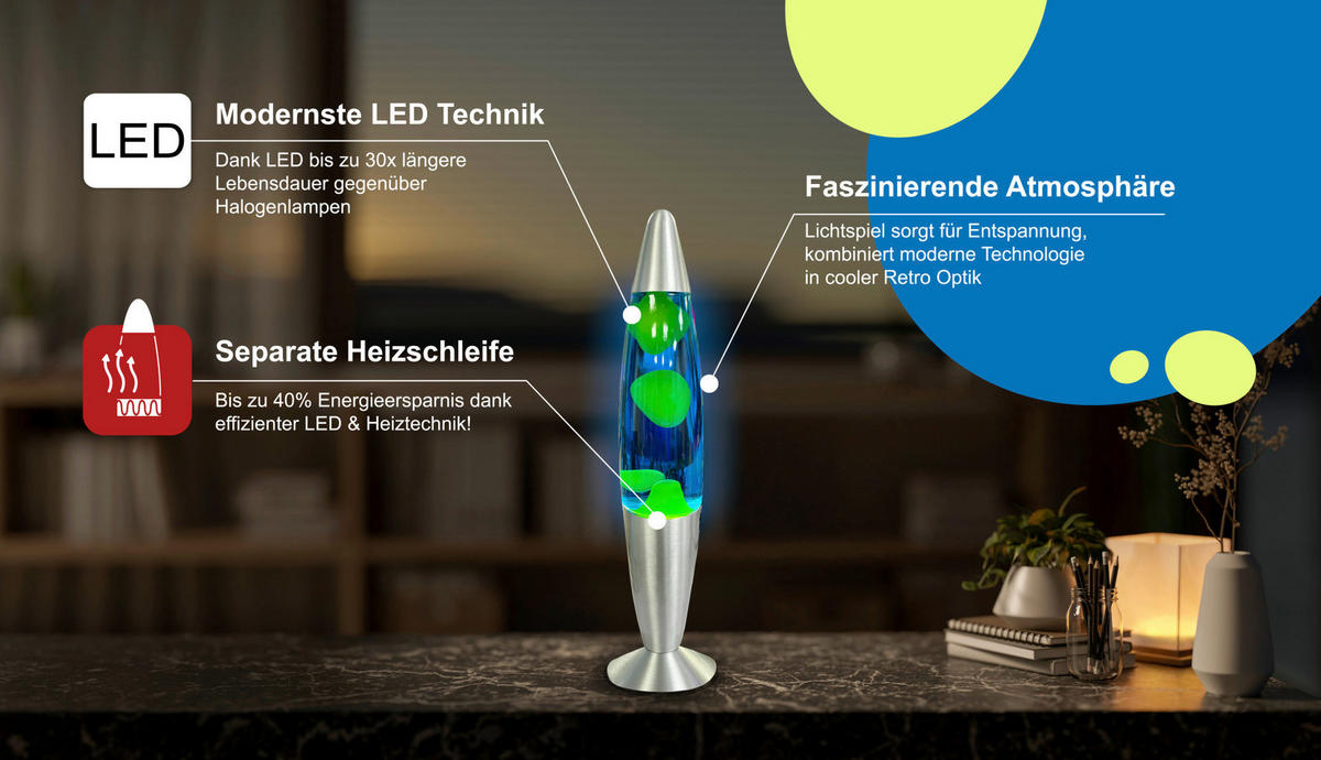 HWH LED-Lavalampe blau gelb Glas Aluminium H/D: ca. 34x62 cm LED-Lavalampe - blau/gelb (62,00/34,00cm) - HWH