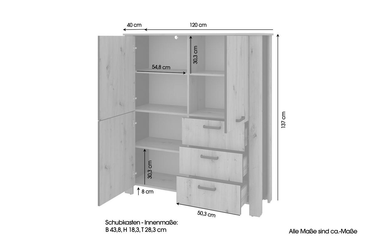 Highboard FARO Eiche schwarz B/H/T: ca. 120x137x40 cm FARO - Eiche/schwarz (120,00/137,00/40,00cm) - byLIVING
