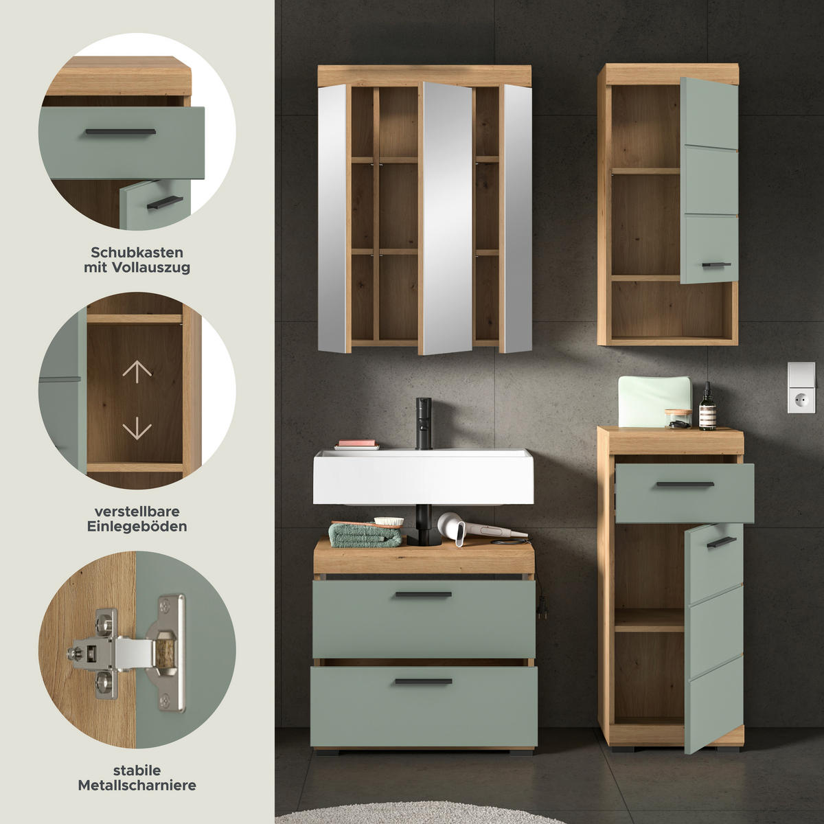 Badezimmer-Set Scout Eiche Artisan Nachbildung salbei Nachbildung B/H/T: ca. 112x191x37 cm Scout - Eiche/salbei (112,00/191,00/37,00cm) - xonox.home