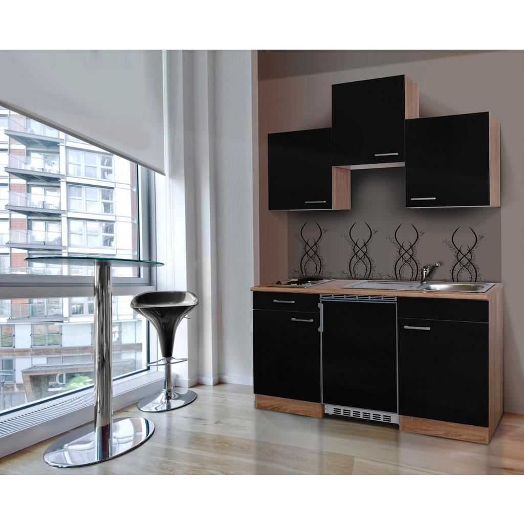 respekta Economy Küchenblock 150 cm, Korpus & Arbeitsplatte Eiche Sonoma Sägerau Nachbildung/Schwarz, Edelstahlkochmulde