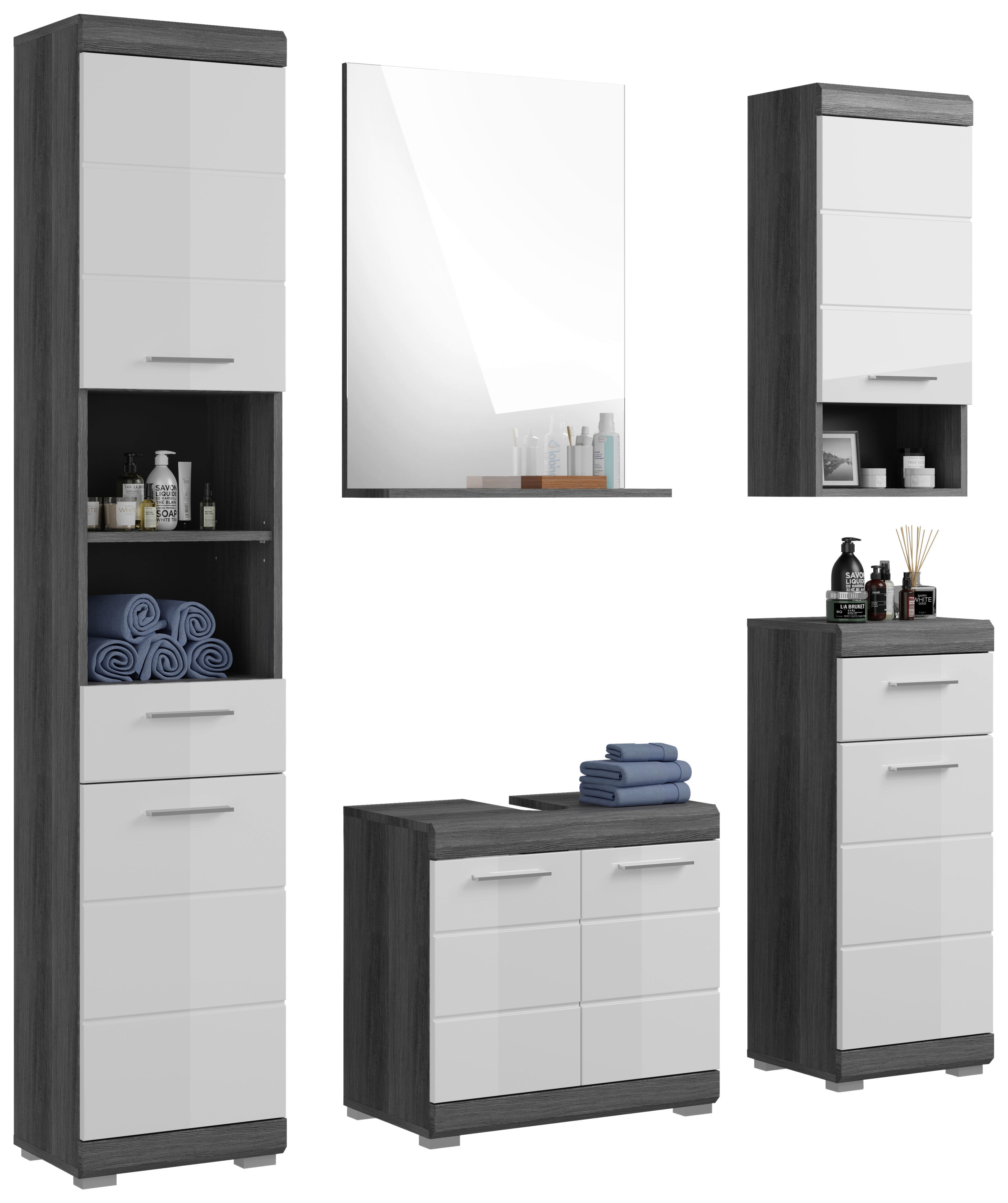 Badezimmer-Set Scout Eiche Rauchsilber Nachbildung weiß Hochglanz B/H/T: ca. 164x191x34 cm Scout - Eiche/weiß (164,00/191,00/34,00cm) - xonox.home
