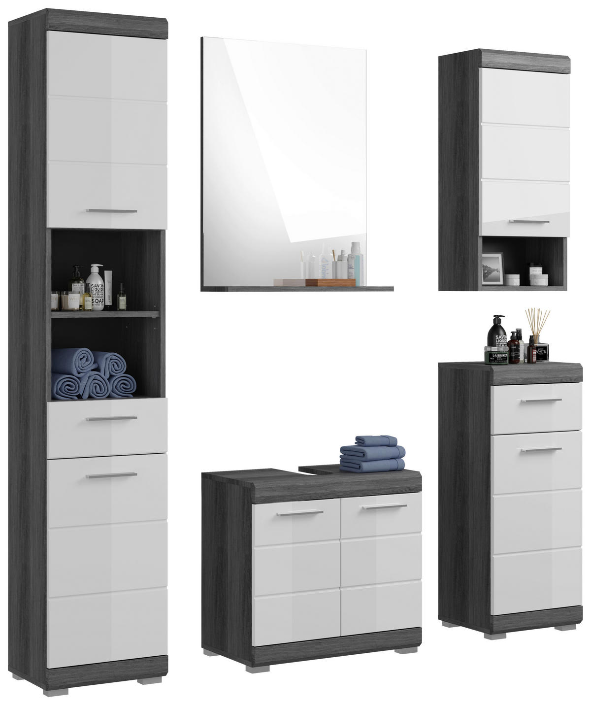 Badezimmer-Set Scout Eiche Rauchsilber Nachbildung weiß Hochglanz B/H/T: ca. 164x191x34 cm Scout - Eiche/weiß (164,00/191,00/34,00cm) - xonox.home