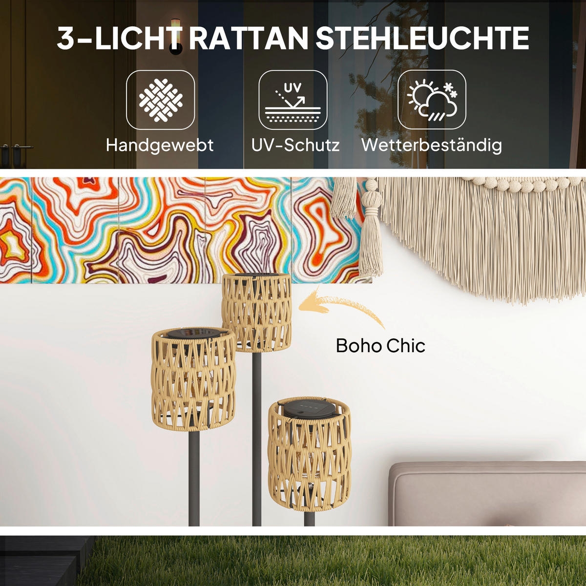 Outsunny Stehlampe gelb Rattan Stahl B/H/L: ca. 37x144x37 cm Rattan Stehlampe - gelb (37,00/37,00/144,00cm) - Outsunny