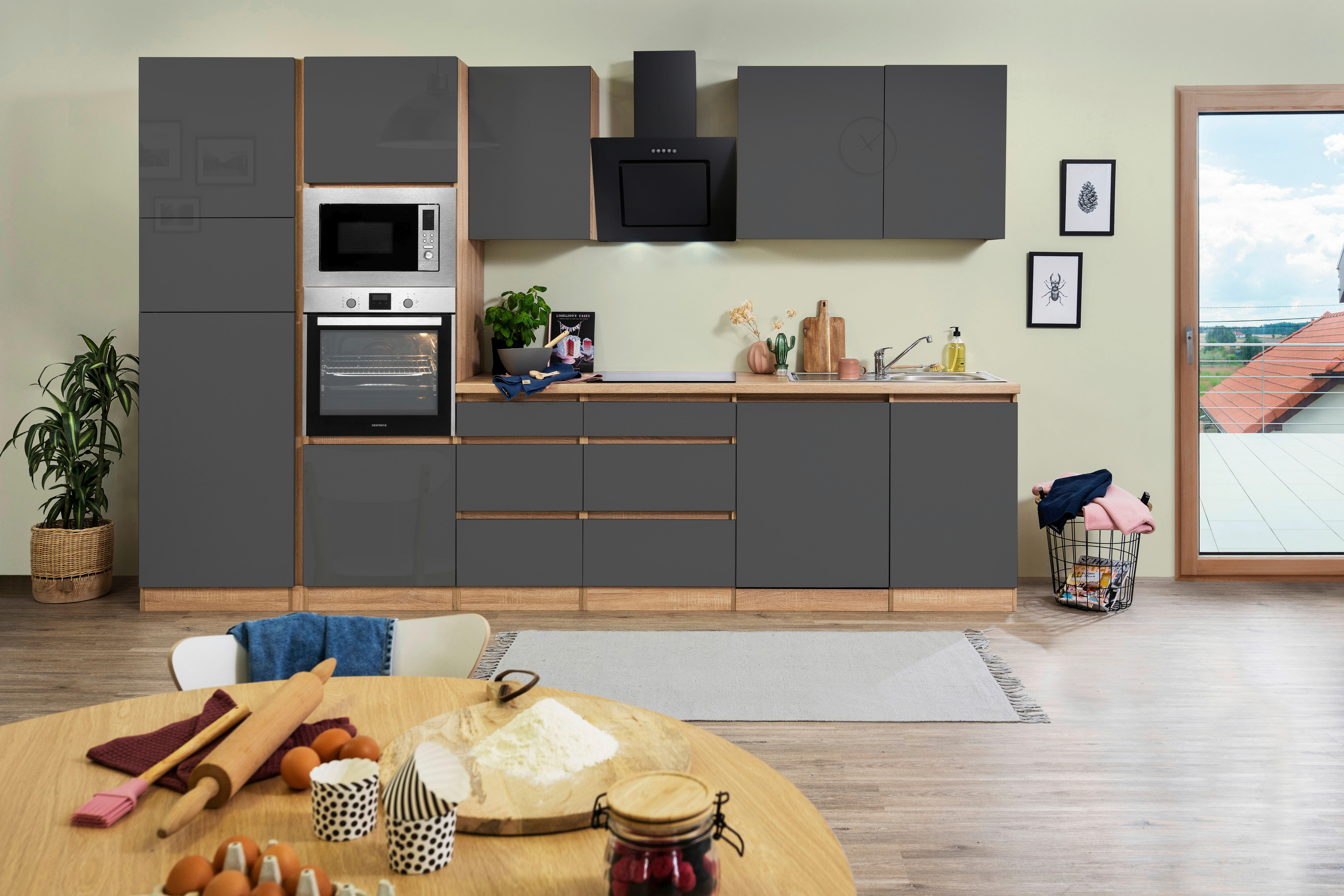 Respekta Küchenblock Premium grau hochglänzend B/H/T: ca. 345x220,5x60 cm Premium - Eiche/grau (345,00/220,50/60,00cm) - Respekta