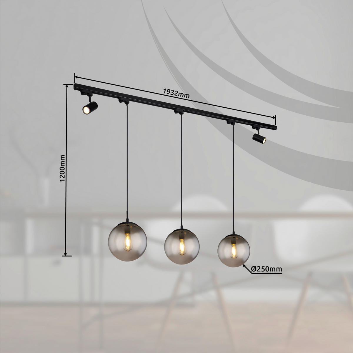 GLOBO Deckenleuchte 15830-5S Blama schwarz Rauch Metall Kunststoff Glas B/H/D: ca. 193x120x25 cm E27 3 Brennstellen Blama - schwarz/Rauch (25,00/120,00cm) - GLOBO