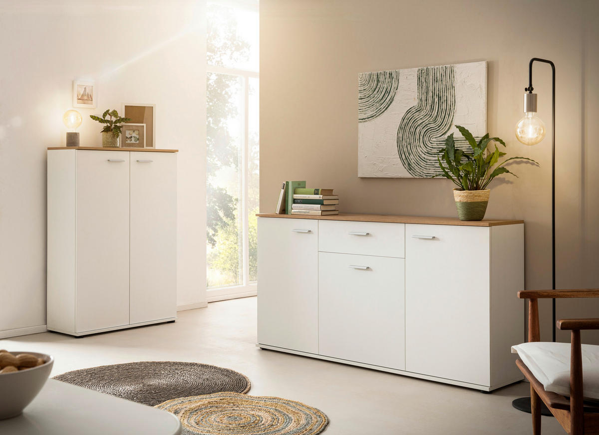 Kommode Alanis weiß matt Eiche Artisan Nachbildung B/H/T: ca. 80x120x34 cm Alanis - Eiche/weiß (80,00/120,00/34,00cm)