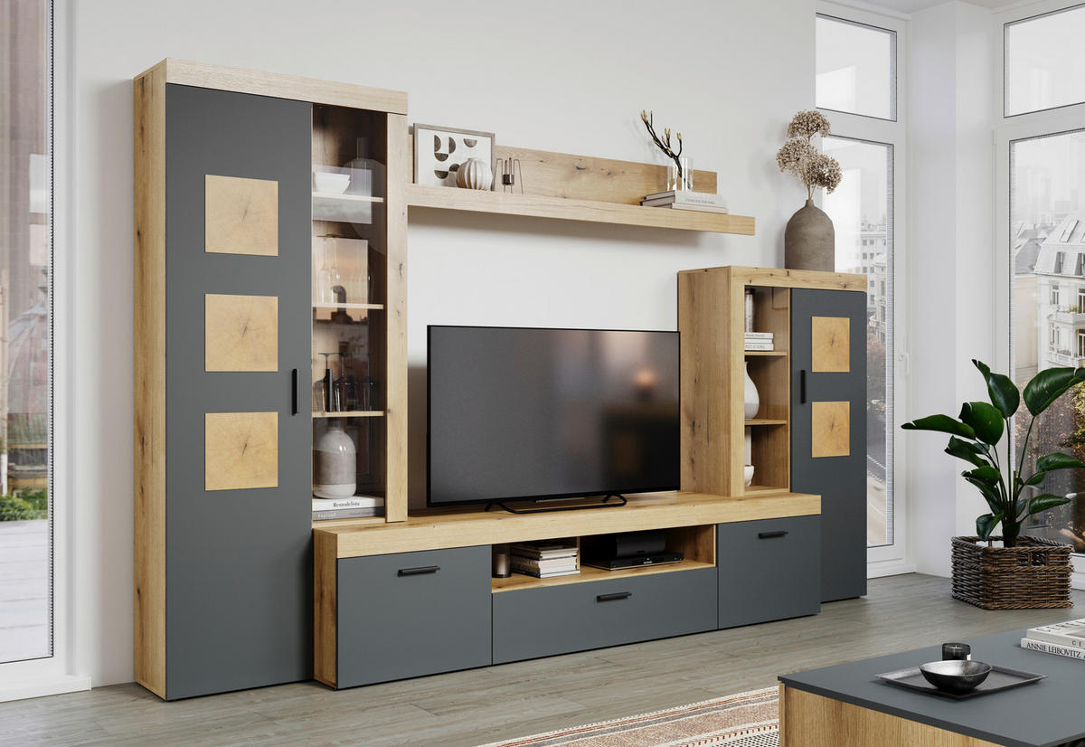 Wohnwand Tyler Eiche Evoke Coast Nachbildung anthrazit B/H/T: ca. 331x206x50 cm Tyler - Eiche/anthrazit (331,00/206,00/50,00cm)