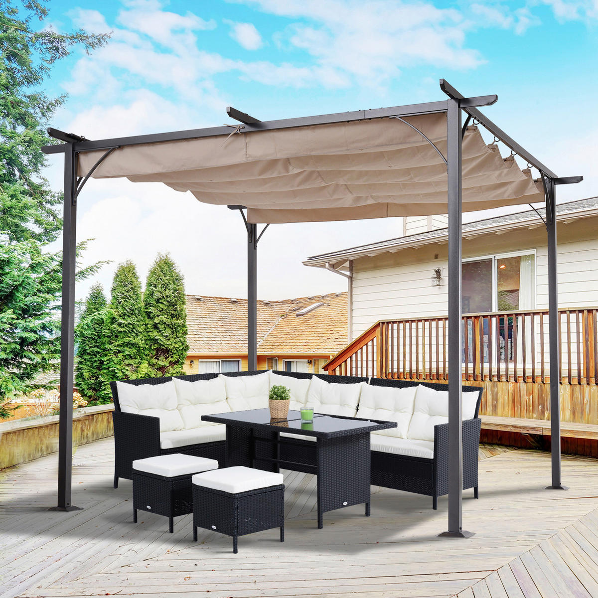 Outsunny Pergola schwarz Metall B/H/L: ca. 300x230x300 cm Pergola - beige/schwarz (300,00/300,00/230,00cm) - Outsunny