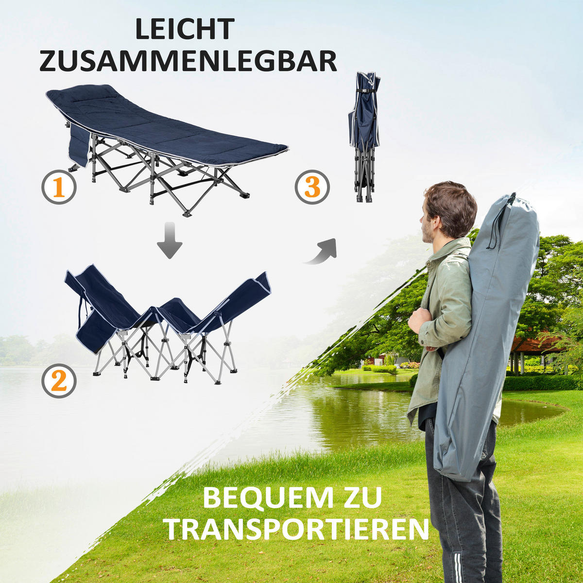 Outsunny Campingbett B/H/L: ca. 64,5x53x188 cm Campingbett - blau (188,00/64,50/53,00cm) - Outsunny