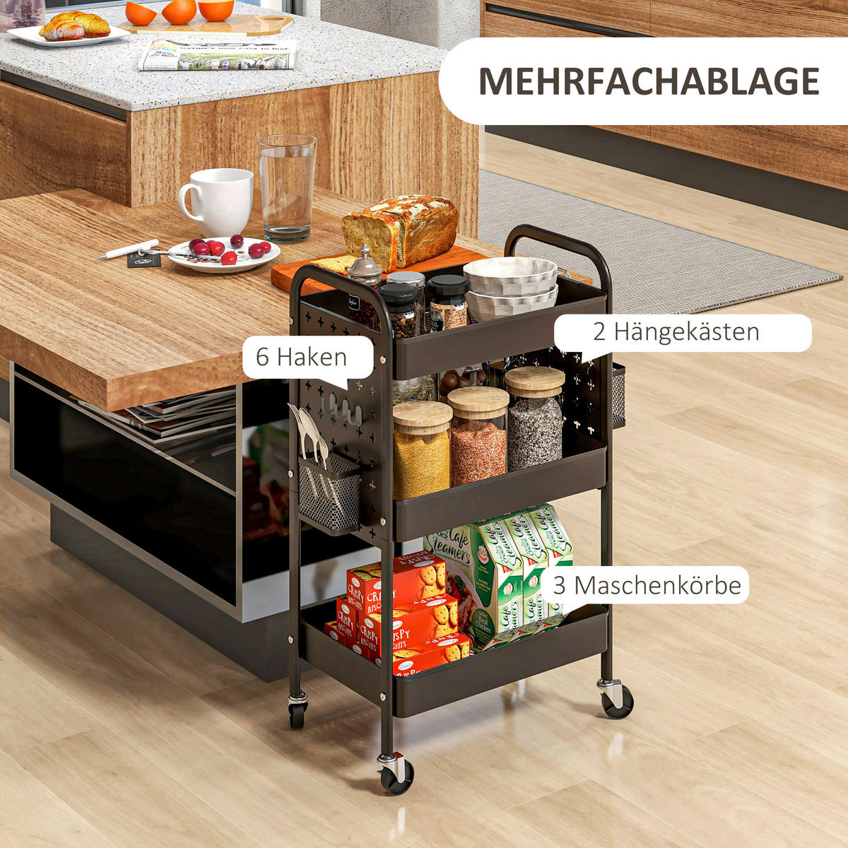 HOMCOM Küchenwagen schwarz Edelstahl B/H/L: ca. 30,5x53,5x75 cm Küchenwagen - schwarz (75,00/30,50/53,50cm) - HOMCOM