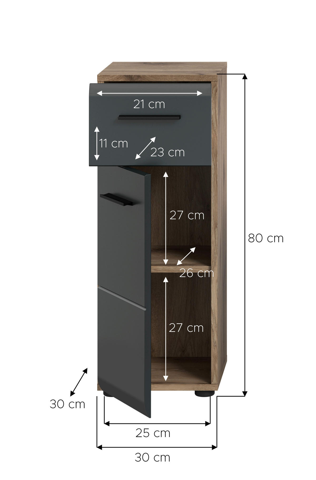Schrank Ice Nox Oak Nachbildung schwarz matt B/H/T: ca. 30x80x30 cm Ice - schwarz (30,00/80,00/30,00cm) - xonox.home