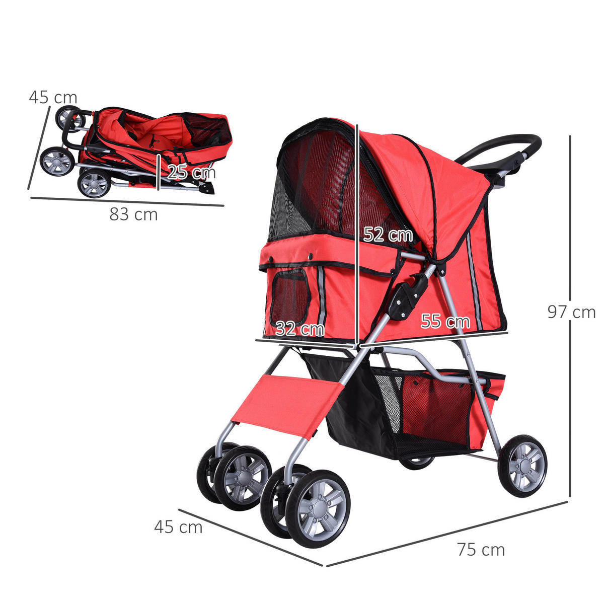 PawHut Hunde-Zubehör rot Polyester B/H/L: ca. 45x75x97 cm Hundewagen - rot (97,00/45,00/75,00cm) - PawHut