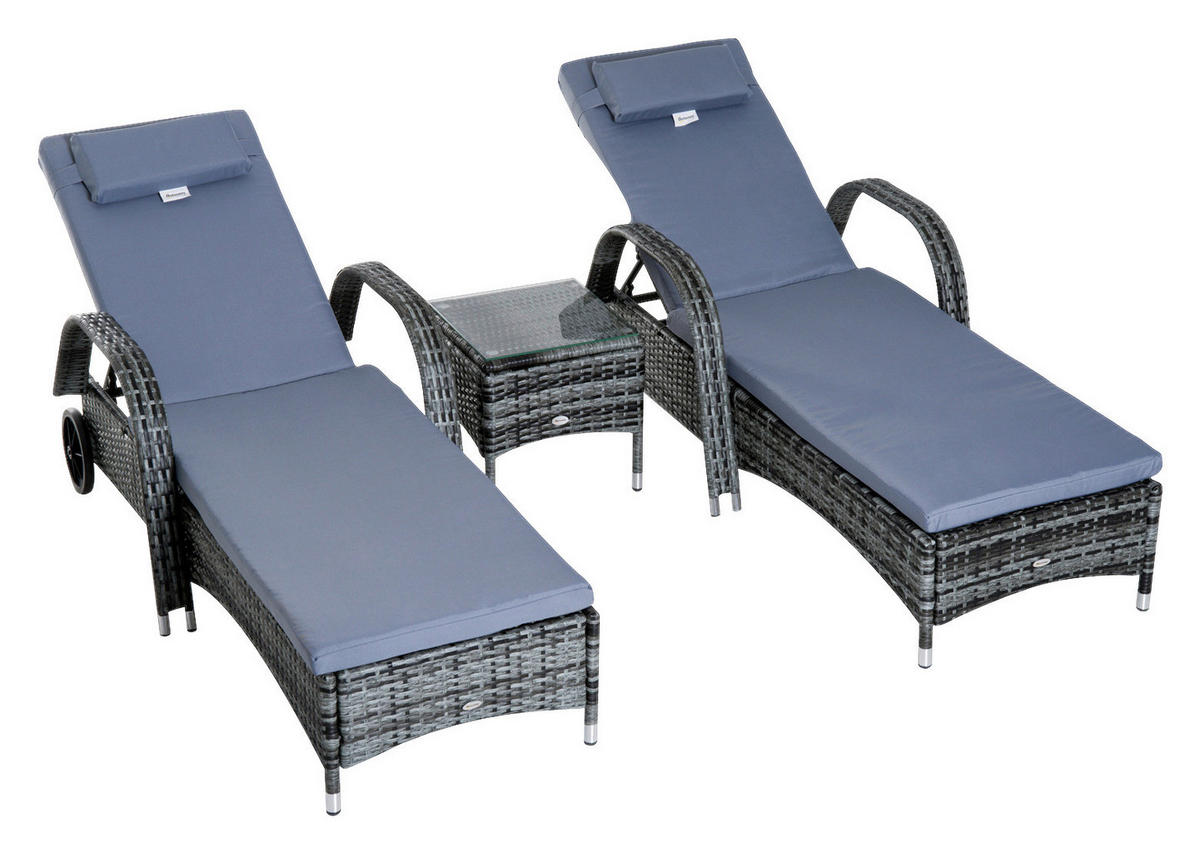 Outsunny Gartenliege grau Metall Rattan-Gartenliege_3tlg. - grau - Outsunny