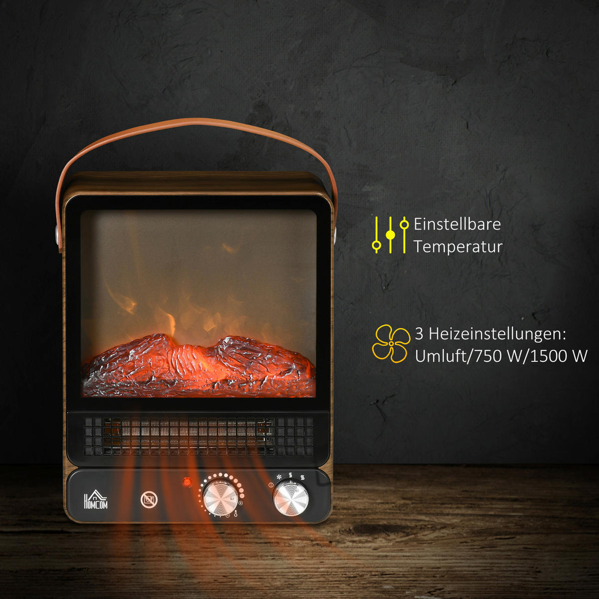HOMCOM Elektro-Feuerstelle 820-348V90WN braun Edelstahl Polypropylen Kunststoff B/H/L: ca. 17,5x30,3x37,4 cm ca. 1500 W Elektrische_Feuerstelle - braun (37,40/17,50/30,30cm) - HOMCOM