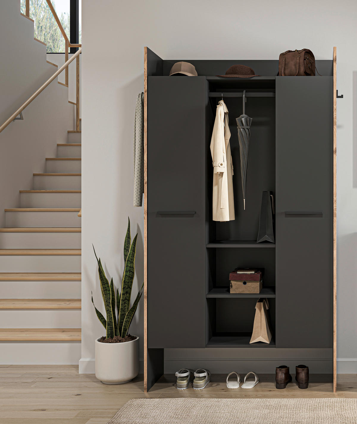 Garderobenschrank Bueno Basalt Nox Oak Nachbildung B/H/T: ca. 105x189x37 cm Bueno - Basalt (105,00/189,00/37,00cm) - xonox.home