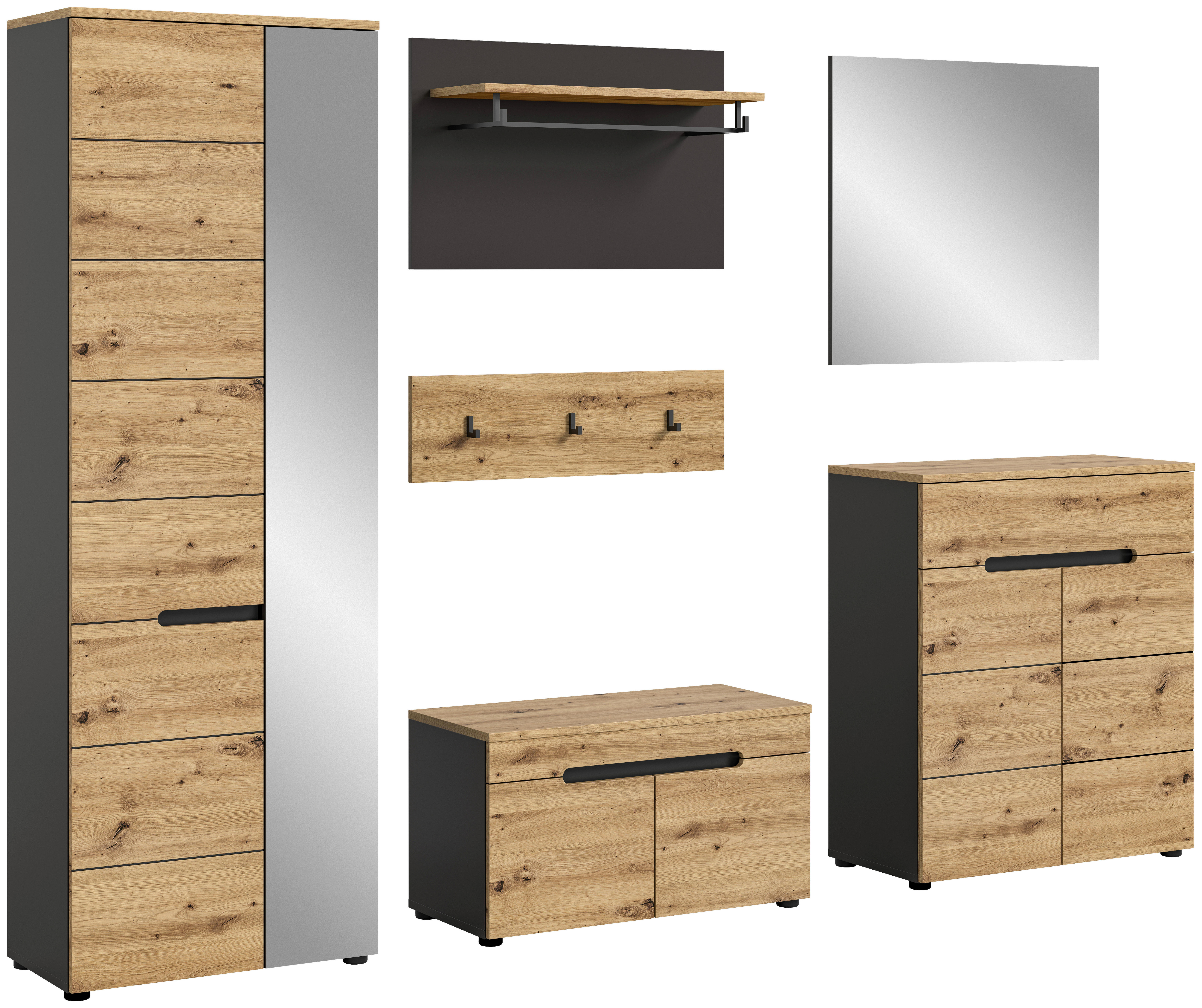 Garderobe CANU edles Basaltgrau Nachbildung Eiche Artisan Nachbildung B/H/T: ca. 255x190x37 cm CANU - Eiche/edles Basaltgrau (255,00/190,00/37,00cm) - xonox.home