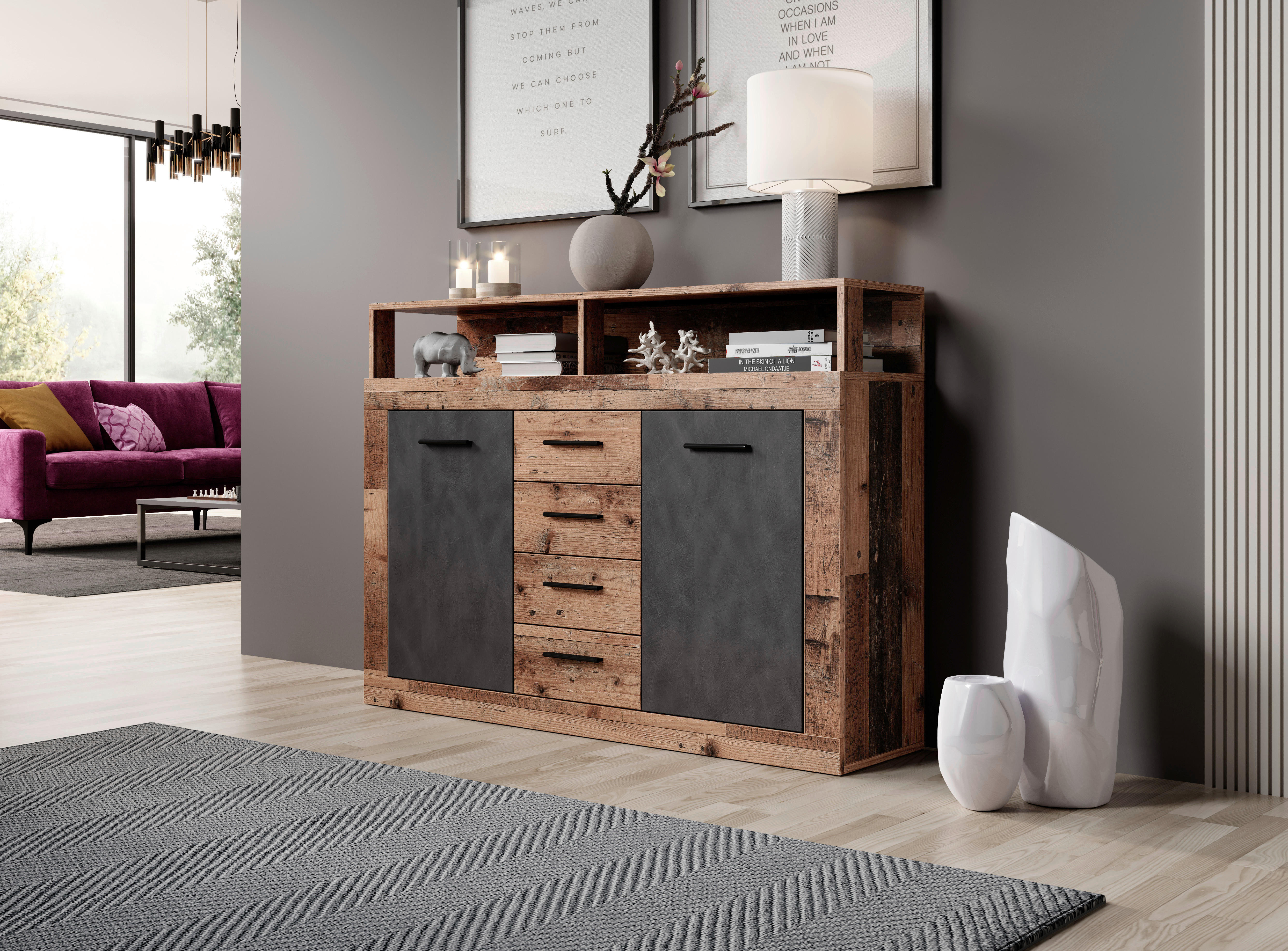 Kommode LUNA MIDI Eiche Old Wood dunkel Nachbildung Eiche Matera Nachbildung B/H/T: ca. 119,5x96,8x32 cm LUNA MIDI - Eiche (119,50/96,80/32,00cm) - WIPMEB
