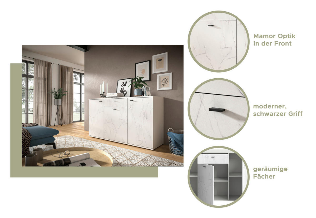 TV-Lowboard Stone weiß Marmoroptik B/H/T: ca. 180x62x41 cm Stone - weiß/Marmoroptik (180,00/62,00/41,00cm)