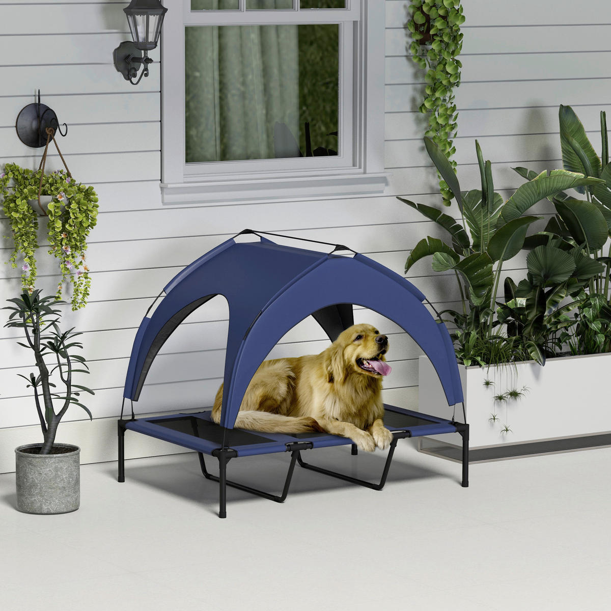 PawHut Hunde-Zubehör blau Edelstahl B/H/L: ca. 76x106x94 cm Erhöhtes_Hundebett - blau (94,00/76,00/106,00cm) - PawHut