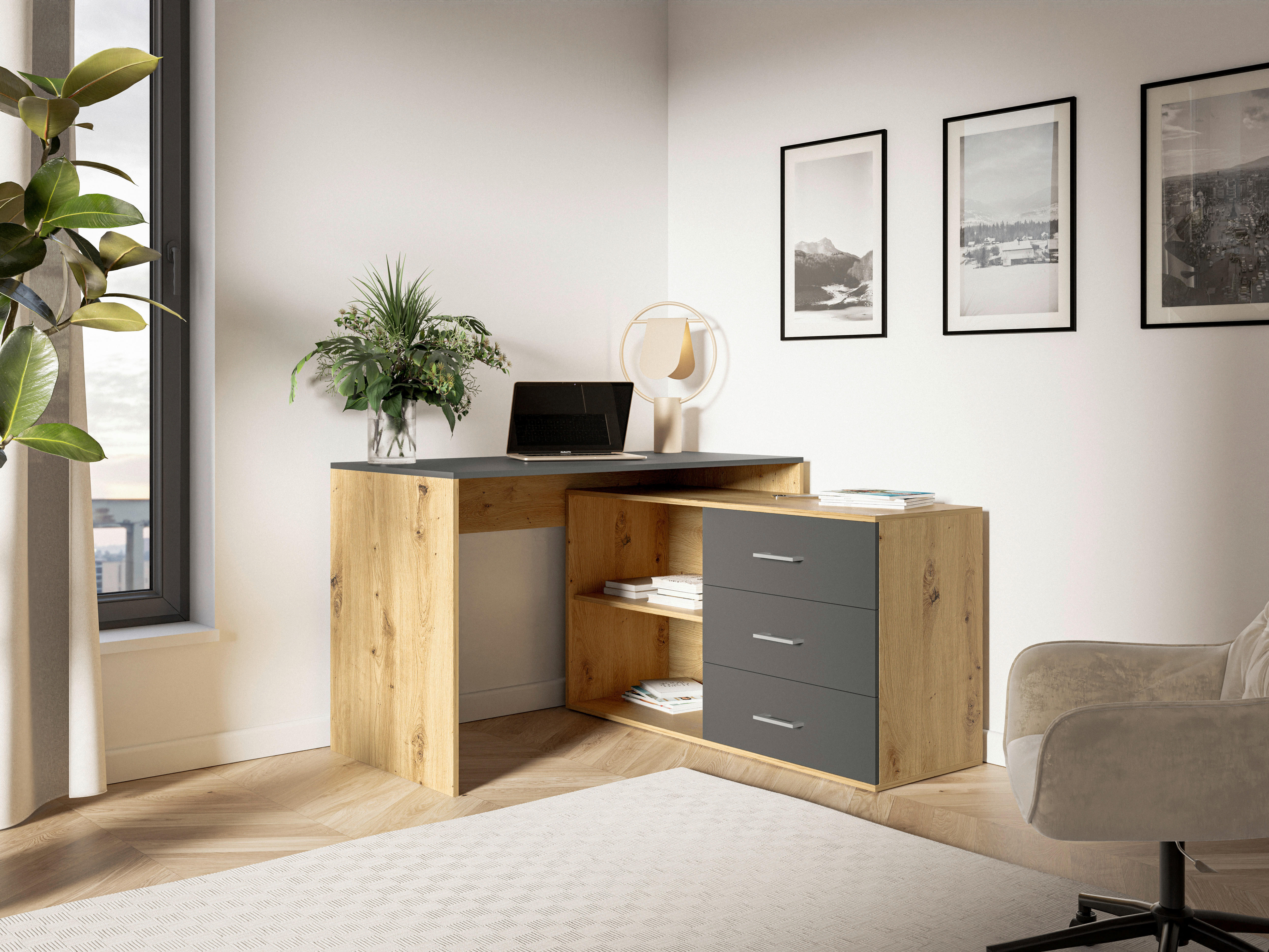 Schreibtisch KURT Eiche Artisan Nachbildung anthrazit B/H/T: ca. 120x75,4x122 cm KURT - Eiche/anthrazit (120,00/75,40/122,00cm) - WIPMEB