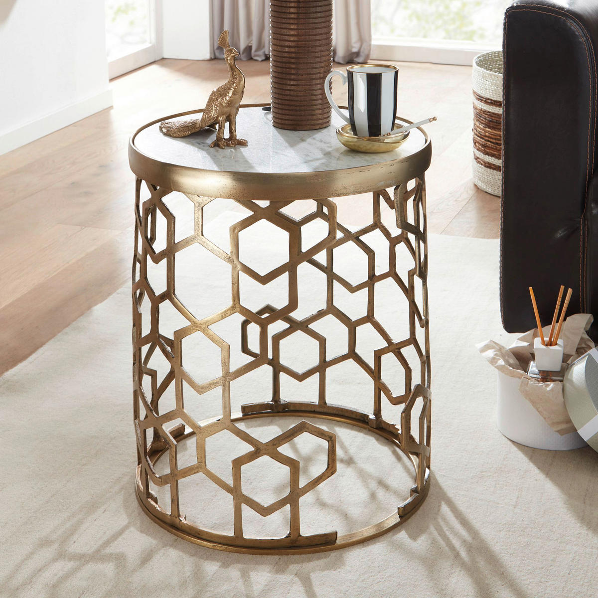 Beistelltisch gold Optik weiß Marmor Optik Aluminium Marmor B/H/T/D: ca. 46x46x55x44 cm Beistelltisch - gold/weiß (46,00/46,00/55,00cm) - Wohnling
