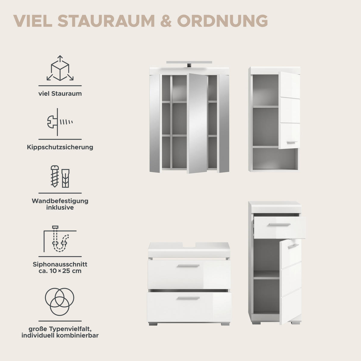 Badezimmer-Set Scout weiß weiß Hochglanz B/H/T: ca. 112x191x37 cm Scout - weiß (112,00/191,00/37,00cm) - xonox.home