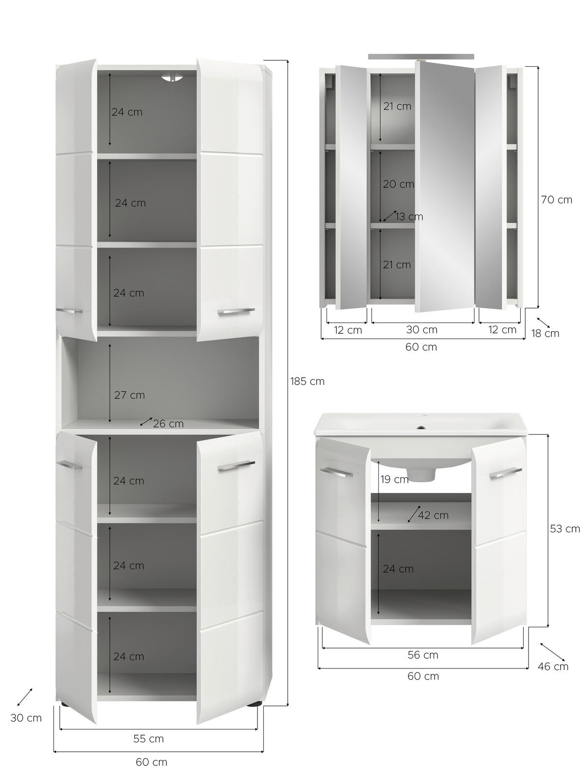 Badezimmer-Set Ice weiß weiß Hochglanz B/H/T: ca. 135x185x46 cm Ice - weiß (135,00/185,00/46,00cm) - xonox.home
