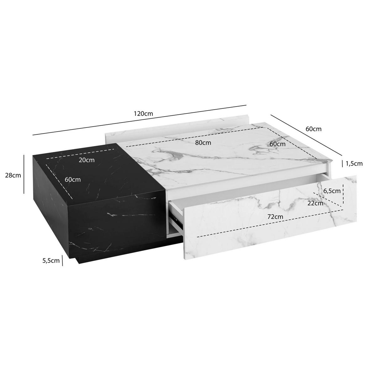 Couchtisch schwarz Marmor Optik weiß Marmor Optik B/H/T: ca. 120x28x60 cm Couchtisch - weiß/schwarz (120,00/28,00/60,00cm) - Wohnling