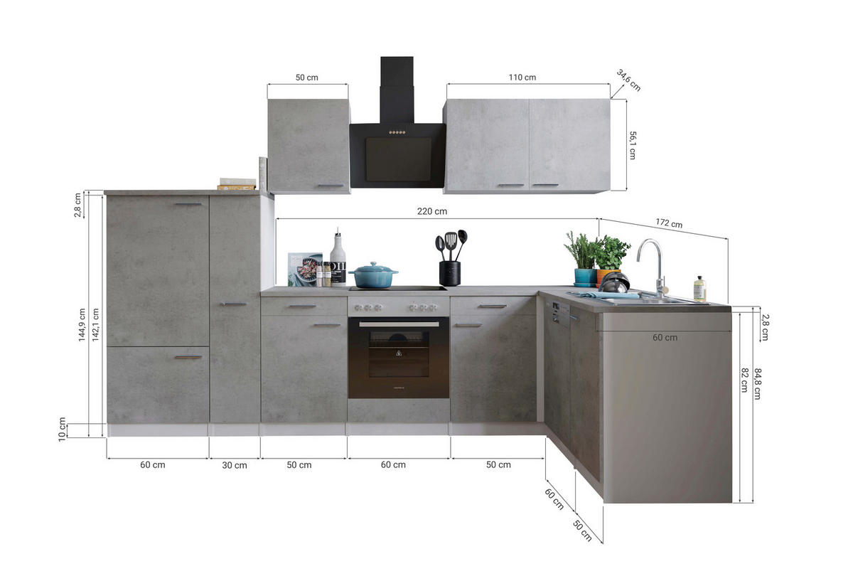Respekta Winkelküche Malia Beton Optik B/H/T: ca. 310x200x172 cm Malia - Beton/weiß (310,00/200,00/172,00cm) - Respekta