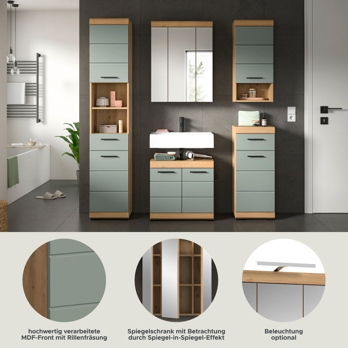 Badezimmer-Set Scout Eiche Artisan Nachbildung salbei Nachbildung B/H/T: ca. 164x191x34 cm Scout - Eiche/salbei (164,00/191,00/34,00cm) - xonox.home