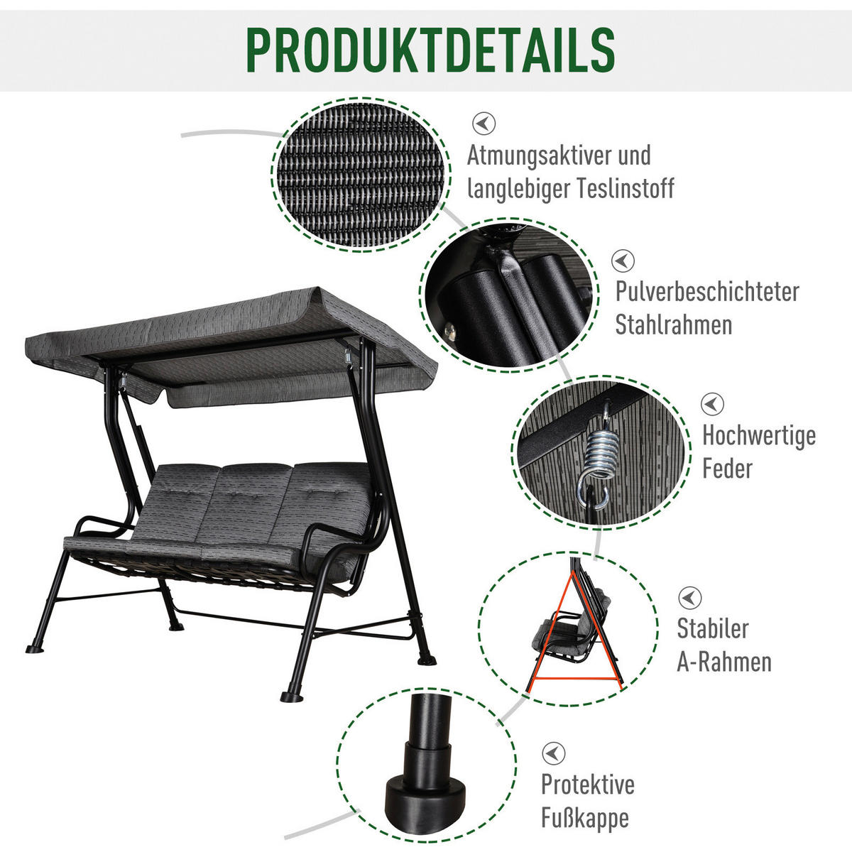 Outsunny Hollywoodschaukel schwarz Stahl B/H/T: ca. 200x170x120 cm Hollywoodschaukel_3-Sitzer - schwarz (200,00/170,00/120,00cm) - Outsunny