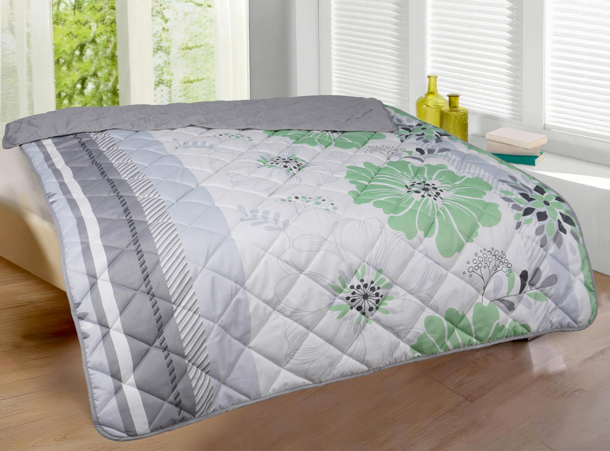 Steppbett Leichtsteppbett Blumen 135x200cm - grün/grau (135,00/200,00cm)