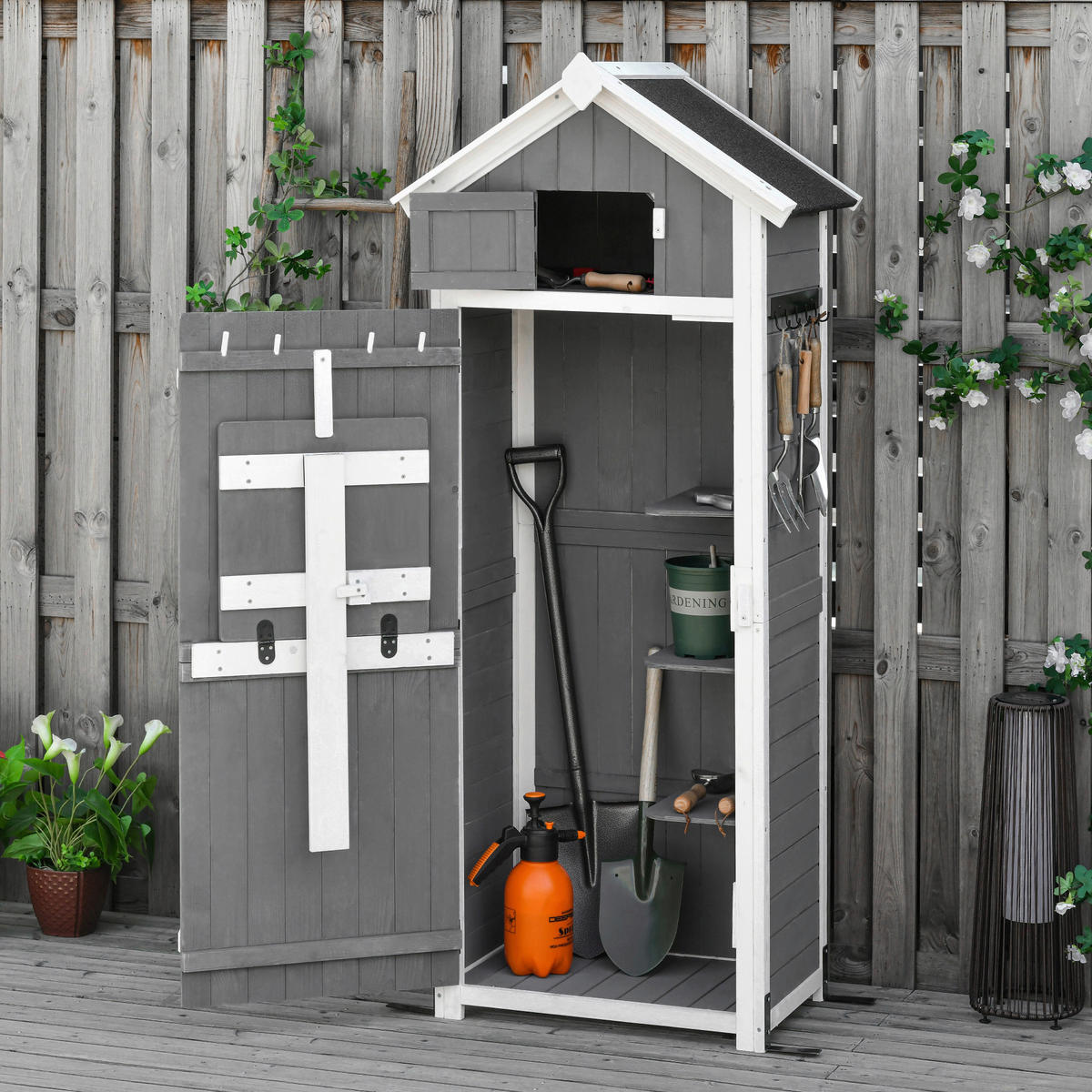 Outsunny Gartenhaus grau Holz B/H/L: ca. 52,5x182x78 cm Gartenhaus - weiß/grau (78,00/52,50/182,00cm) - Outsunny