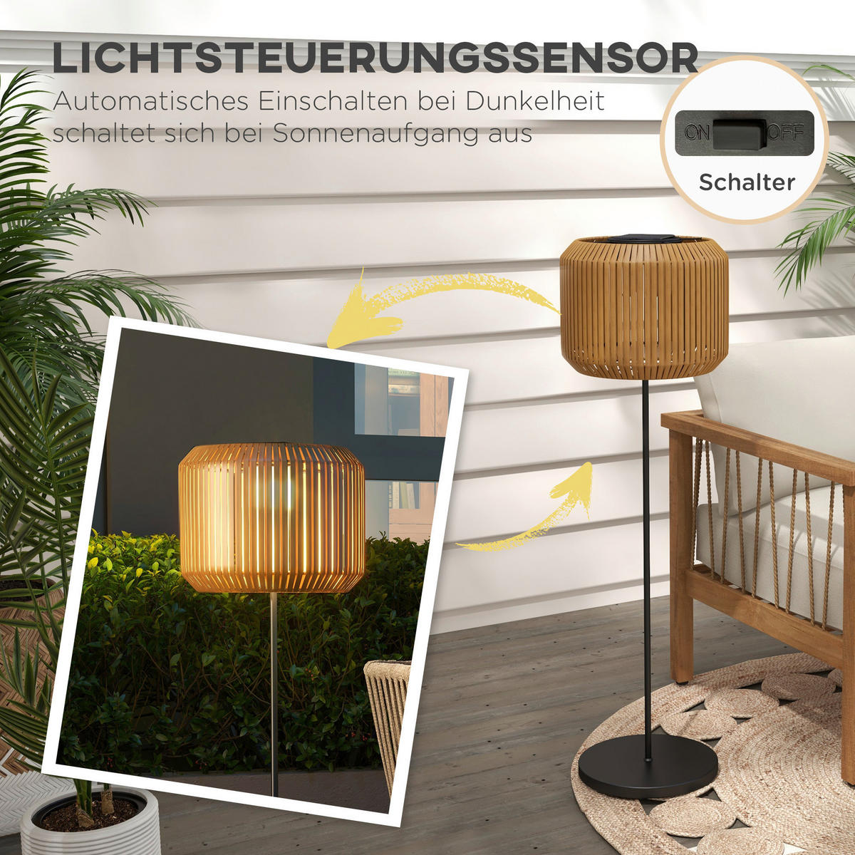 Solarleuchte 867-152V00YL gelb Edelstahl Polyrattan B/H/L: ca. 34x34x130 cm Rattan_Solarleuchte - gelb (130,00/34,00/34,00cm) - Outsunny