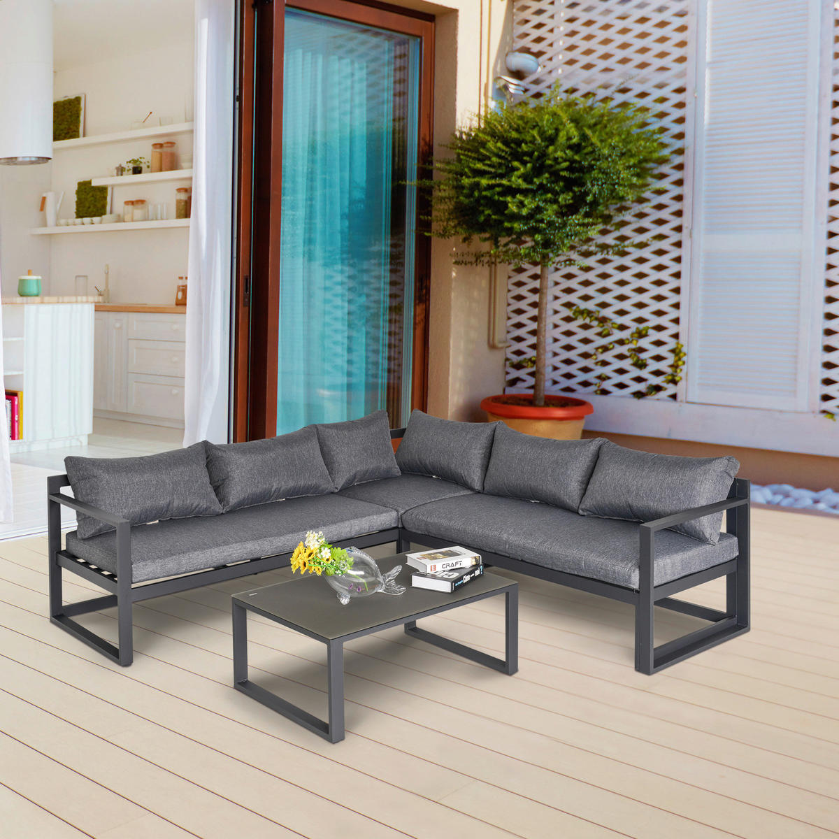 Outsunny Gartensitzgruppe schwarz Glas B/H/L: ca. 70x65x212 cm Gartensitzgruppe - schwarz/grau (212,00/70,00/65,00cm) - Outsunny