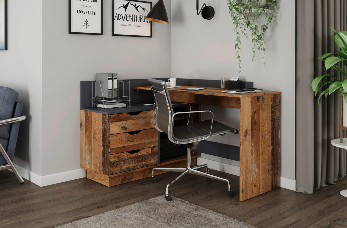 Winkelschreibtisch BELFAST anthrazit Eiche Old Wood Nachbildung B/H/T: ca. 129x83,5x105 cm BELFAST - Eiche/anthrazit (129,00/83,50/105,00cm) - byLIVING