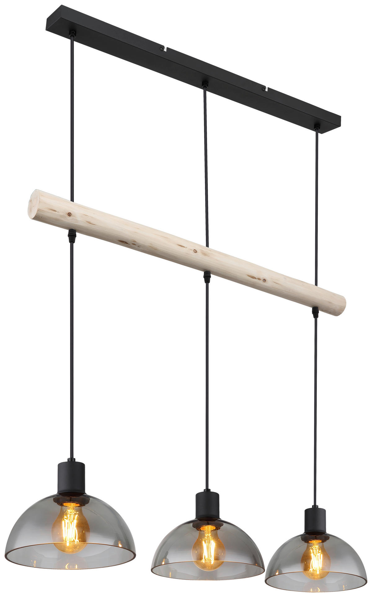 GLOBO Pendelleuchte Rauch natur mattschwarz Holz Glas Metall B/H/T: ca. 20x120x80 cm E27 3 Brennstellen LINDI - natur/mattschwarz (20,00/120,00/80,00cm) - GLOBO