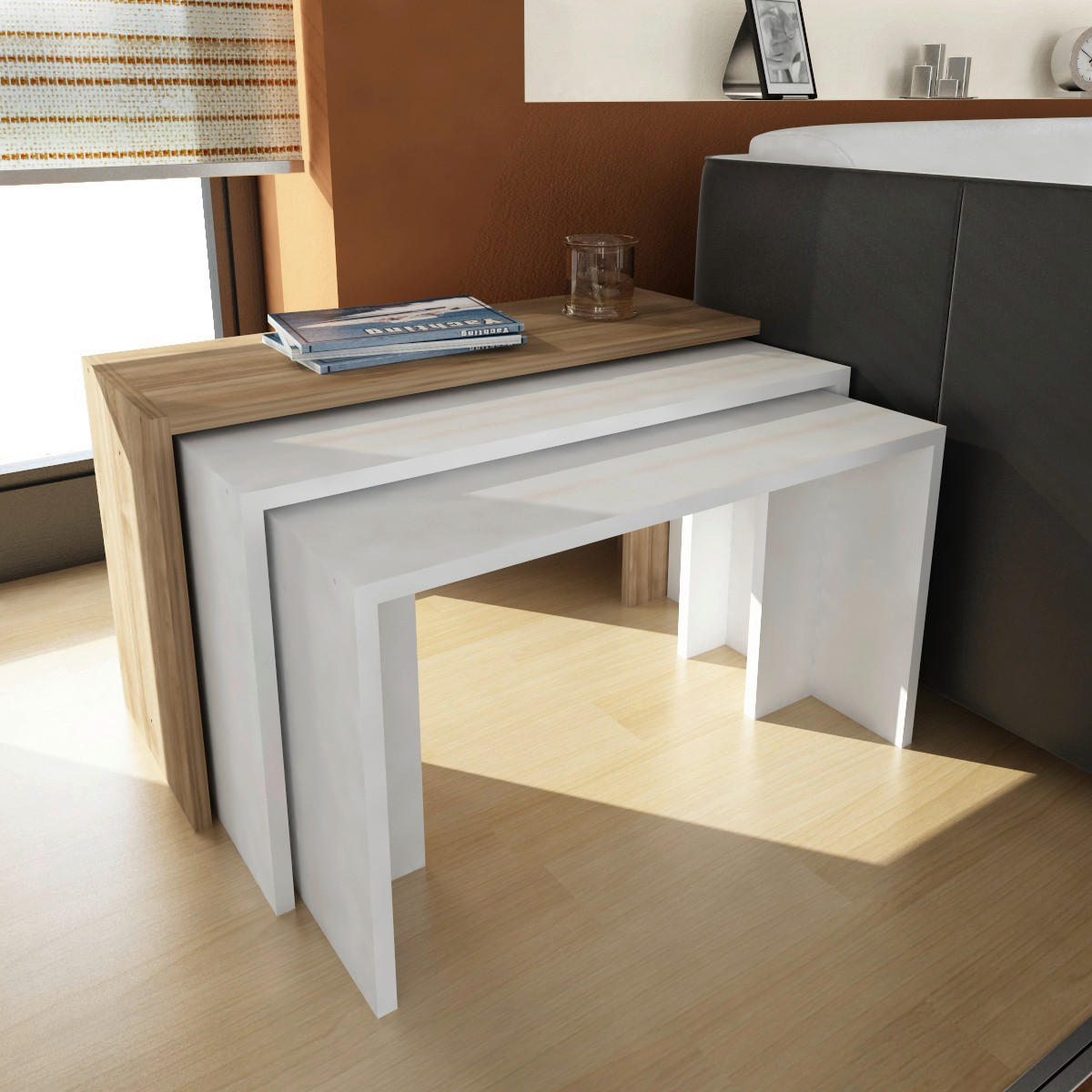 Beistelltisch 3er-Set. Cango weiß walnuss Nachbildung Spanplatte B/H/T: ca. 80x45x30 cm 3er-Set. Cango - weiß/walnuss (80,00/45,00/30,00cm) - moebel17