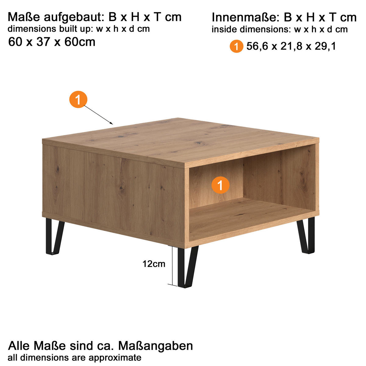Couchtisch Touch Eiche Artisan Nachbildung B/H/T: ca. 60x37x60 cm Touch - Eiche (60,00/37,00/60,00cm) - Trendteam