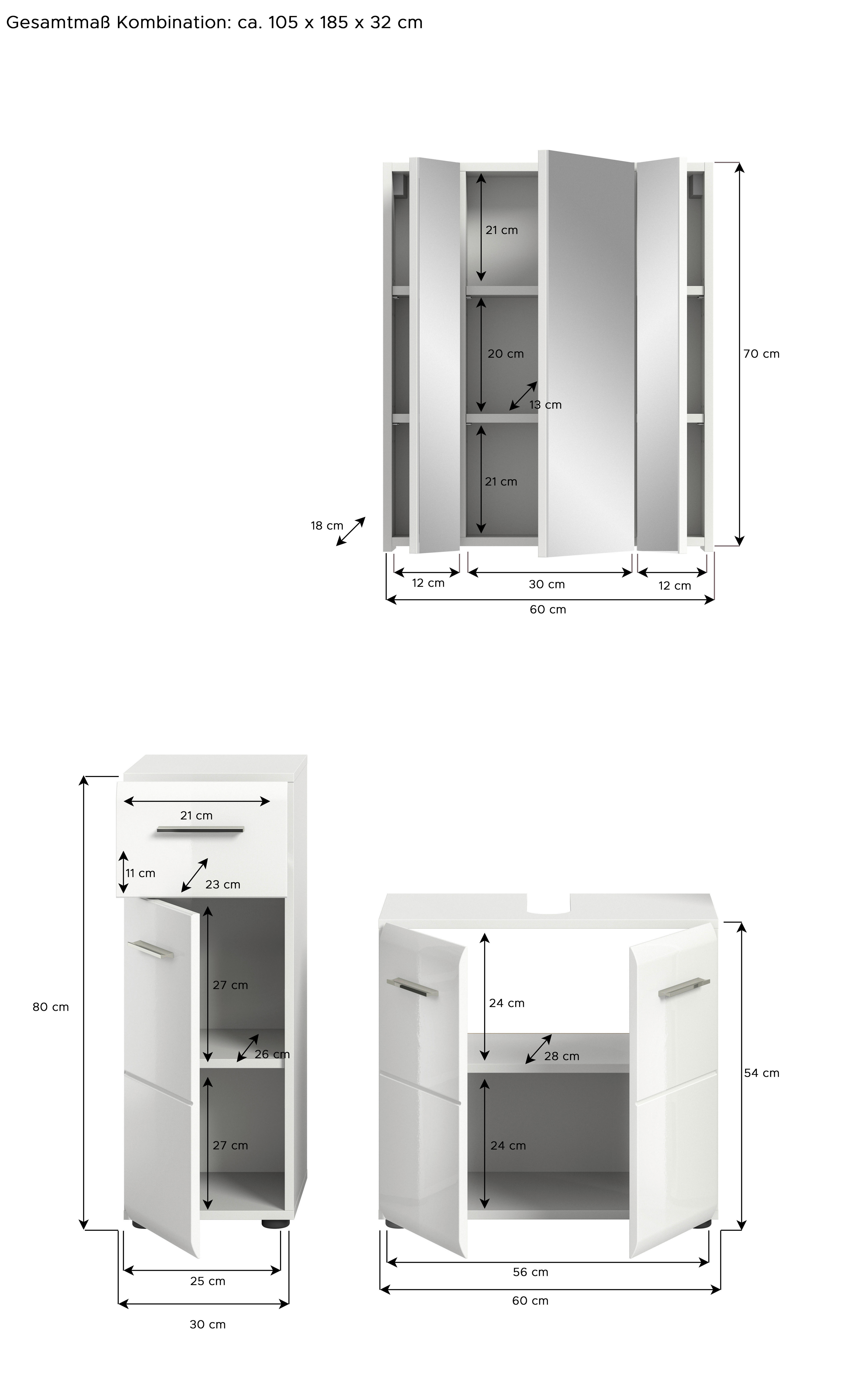 Badezimmer-Set ICE weiß weiß Hochglanz B/H/T: ca. 105x190x32 cm ICE - weiß (105,00/190,00/32,00cm) - xonox.home