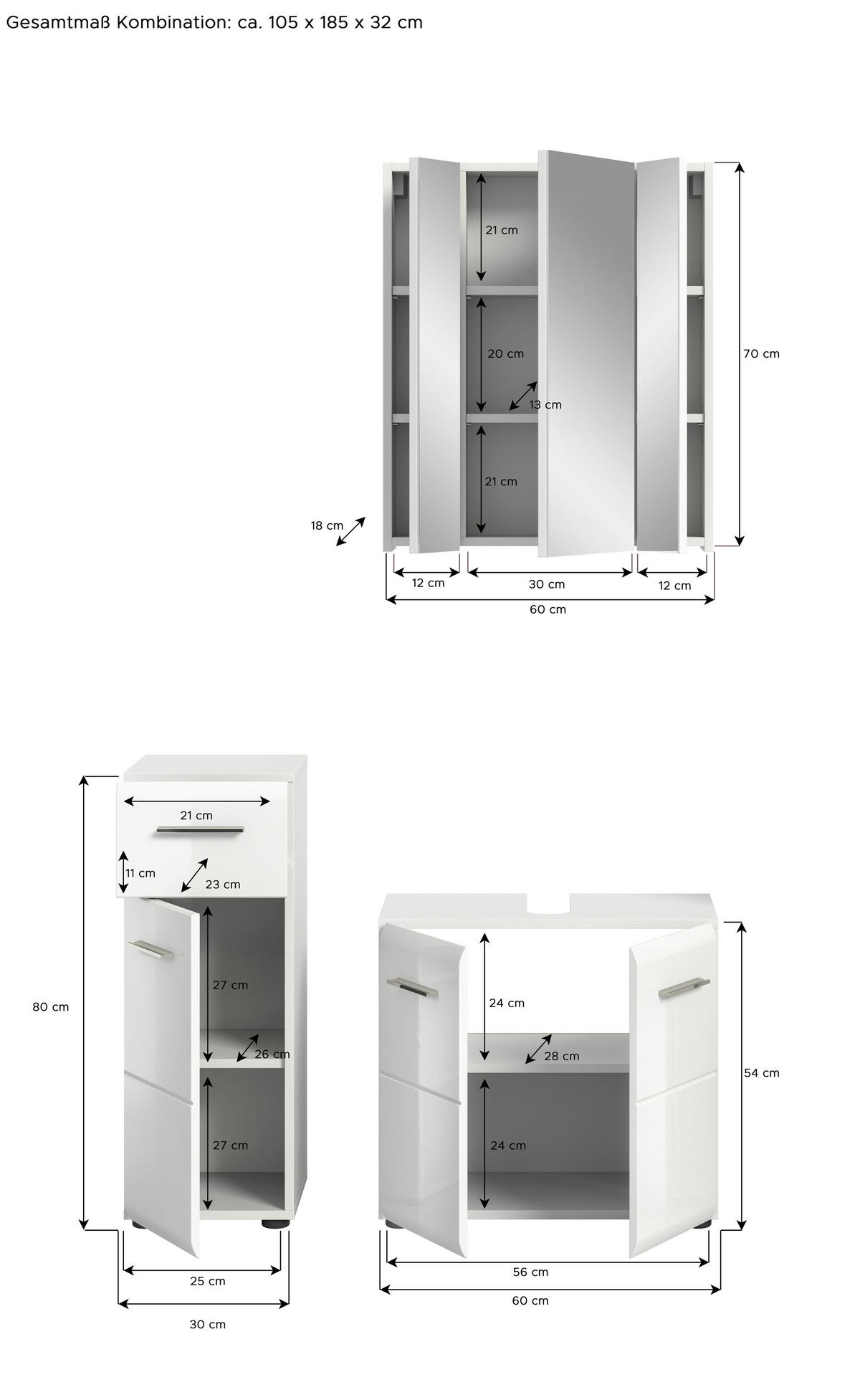 Badezimmer-Set ICE weiß weiß Hochglanz B/H/T: ca. 105x190x32 cm ICE - weiß (105,00/190,00/32,00cm) - xonox.home