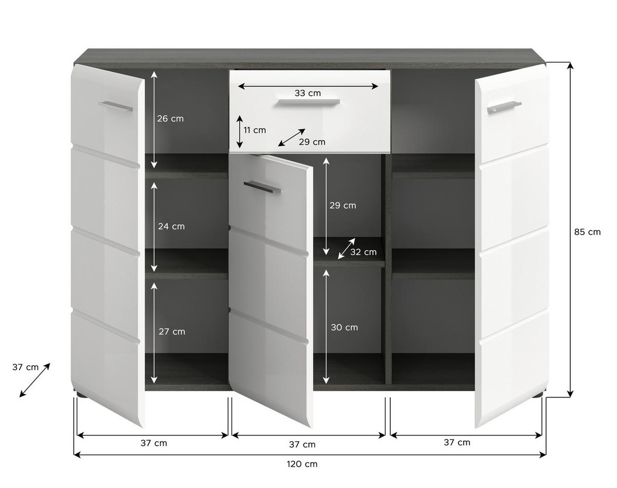 Kommode SALSA Rauchsilber Nachbildung weiß Hochglanz B/H/T: ca. 120x85x37 cm SALSA - weiß (120,00/85,00/37,00cm) - xonox.home