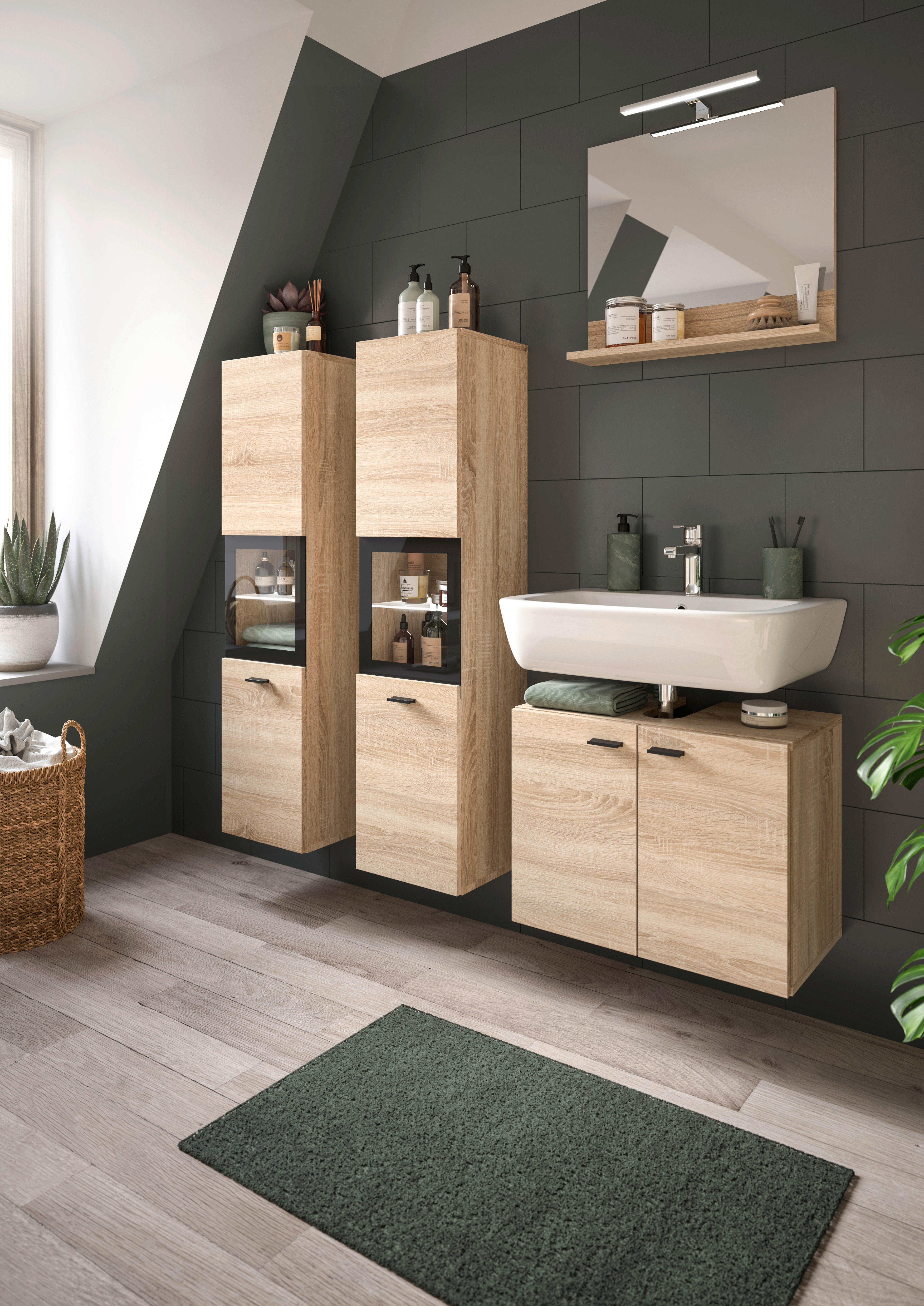 Badezimmer-Set BOSTON Eiche Sonoma Nachbildung schwarz B/H/T: ca. 137x186x33 cm BOSTON - Eiche/schwarz (137,00/186,00/33,00cm) - xonox.home