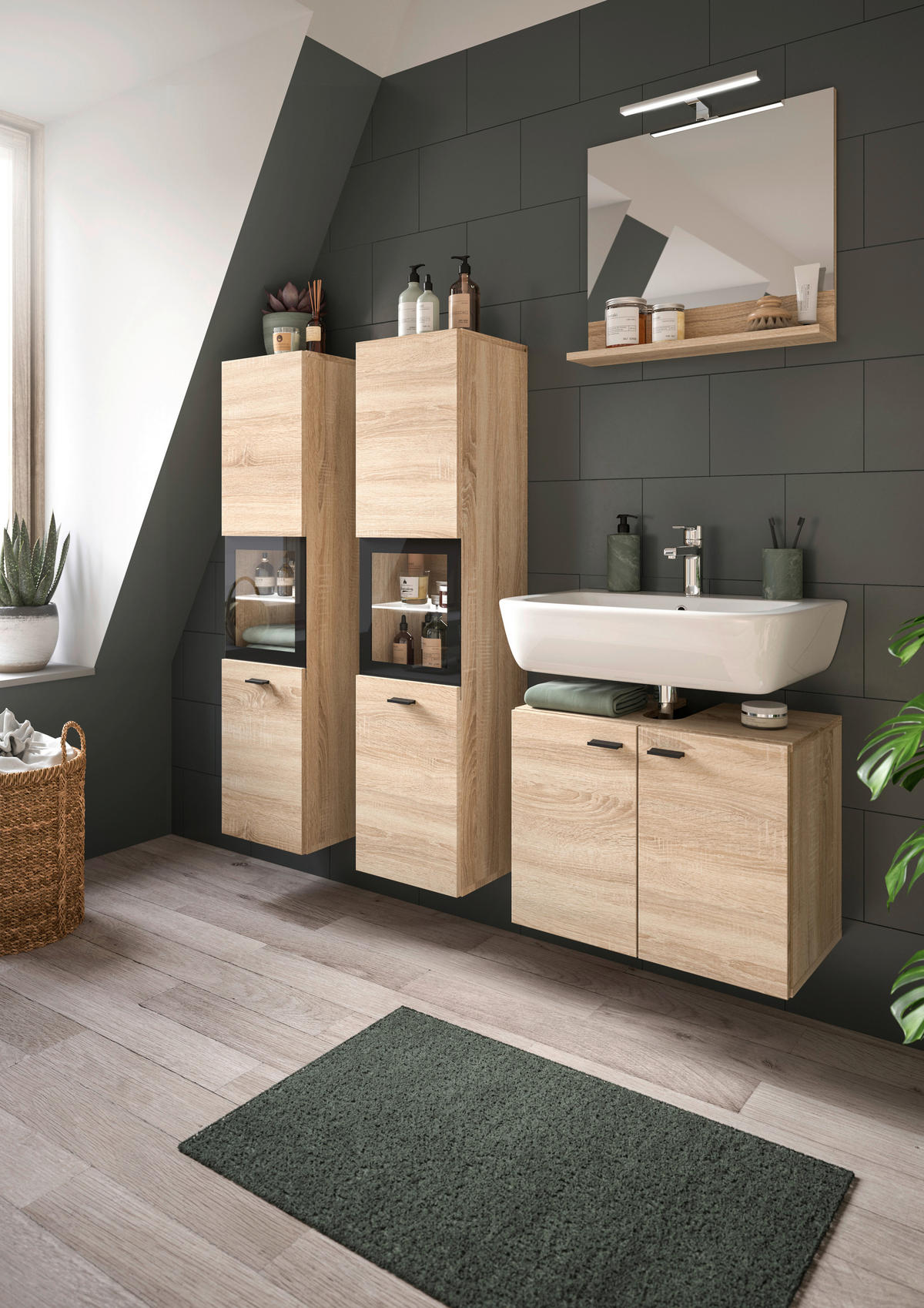 Badezimmer-Set BOSTON Eiche Sonoma Nachbildung schwarz B/H/T: ca. 137x186x33 cm BOSTON - Eiche/schwarz (137,00/186,00/33,00cm) - xonox.home