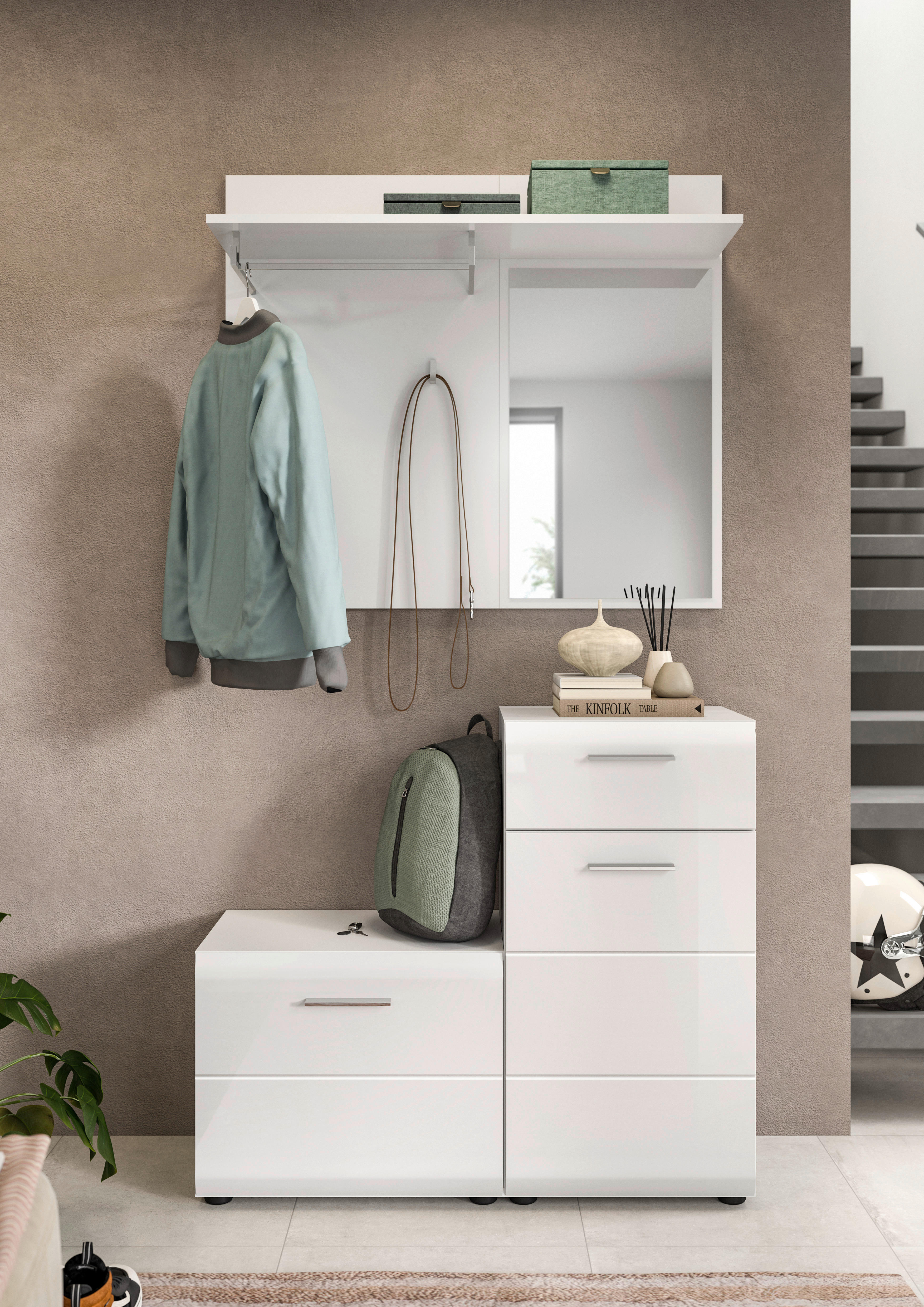 Garderobe Ice weiß weiß Hochglanz Spiegel B/H/T: ca. 98x191x35 cm Ice - weiß (98,00/191,00/35,00cm) - xonox.home