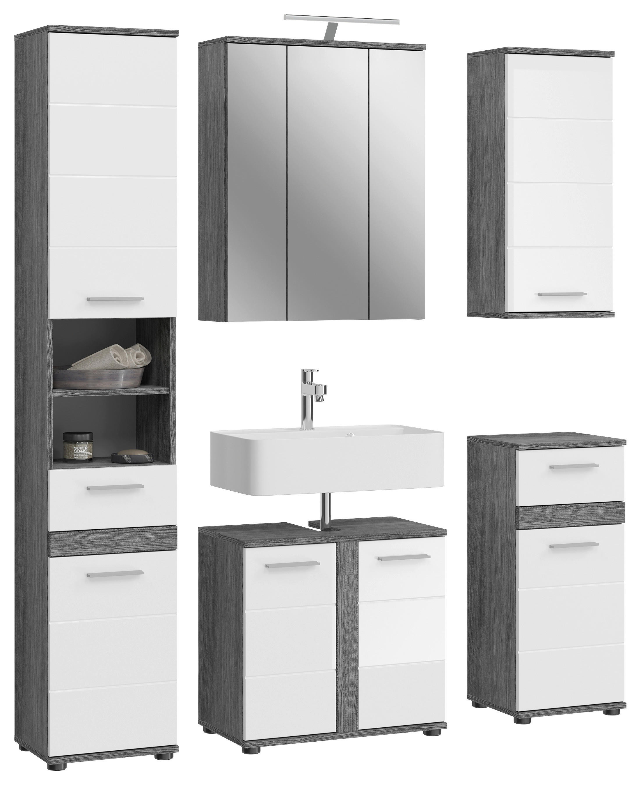 Badezimmer-Set BLAKE Rauchsilber Nachbildung weiß Hochglanz B/H/T: ca. 164x191x34 cm BLAKE - weiß (164,00/191,00/34,00cm) - xonox.home