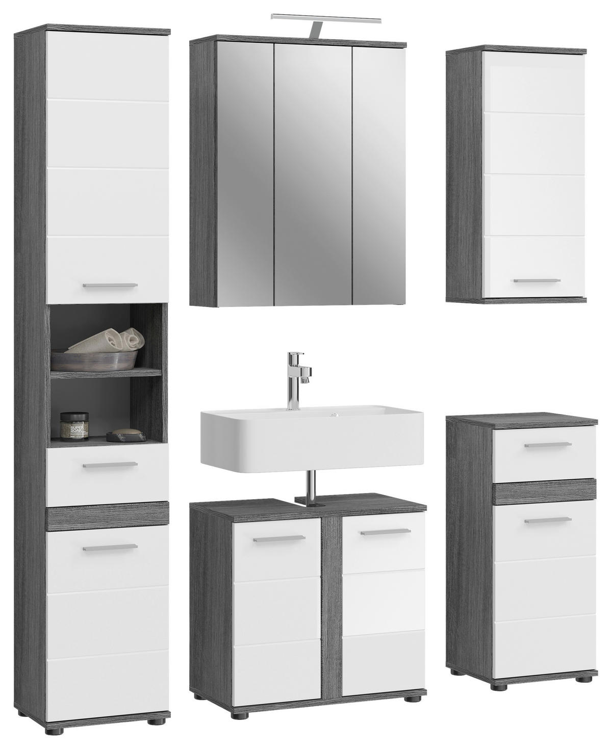 Badezimmer-Set BLAKE Rauchsilber Nachbildung weiß Hochglanz B/H/T: ca. 164x191x34 cm BLAKE - weiß (164,00/191,00/34,00cm) - xonox.home