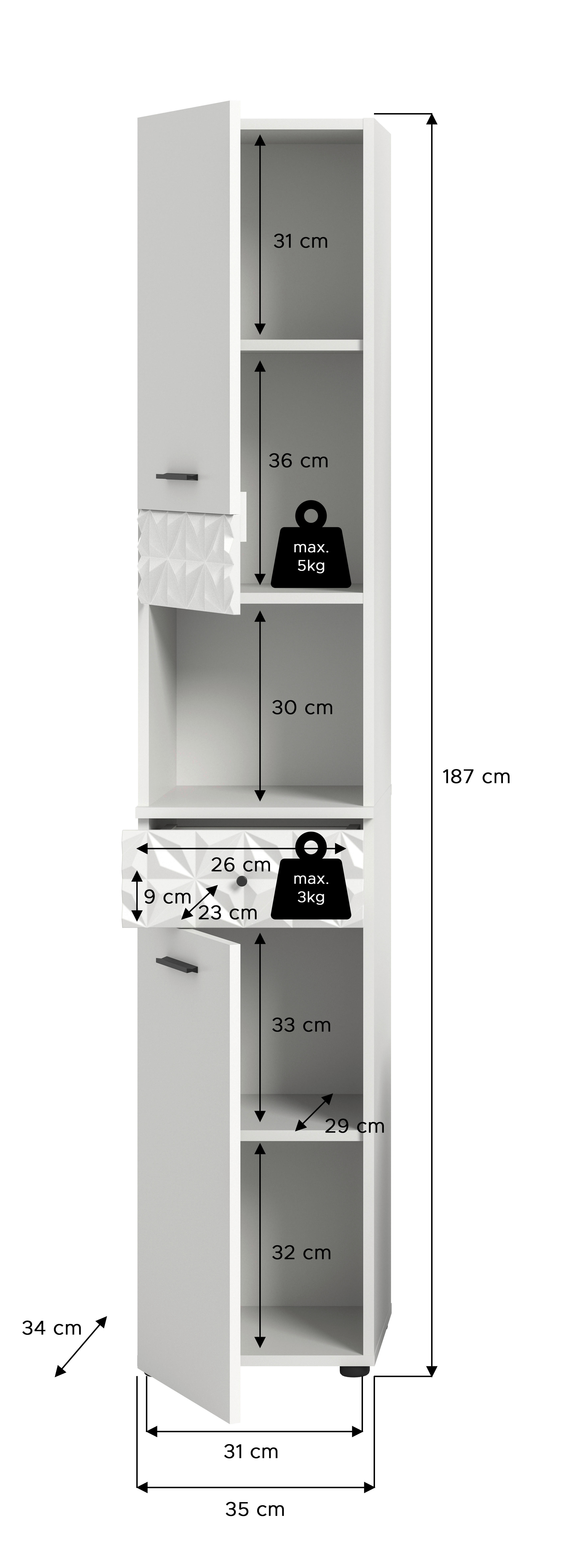 Hochschrank Prisma weiß B/H/T: ca. 35x187x34 cm Prisma - weiß (35,00/187,00/34,00cm) - xonox.home