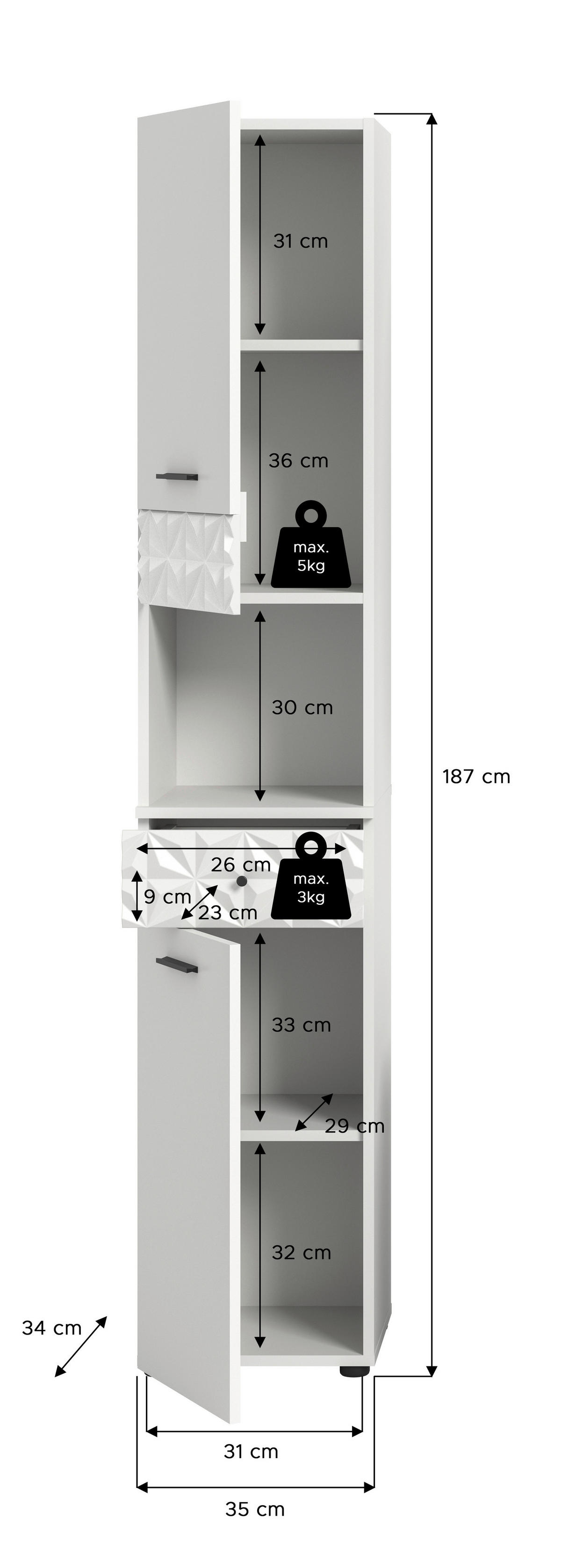 Hochschrank Prisma weiß B/H/T: ca. 35x187x34 cm Prisma - weiß (35,00/187,00/34,00cm) - xonox.home